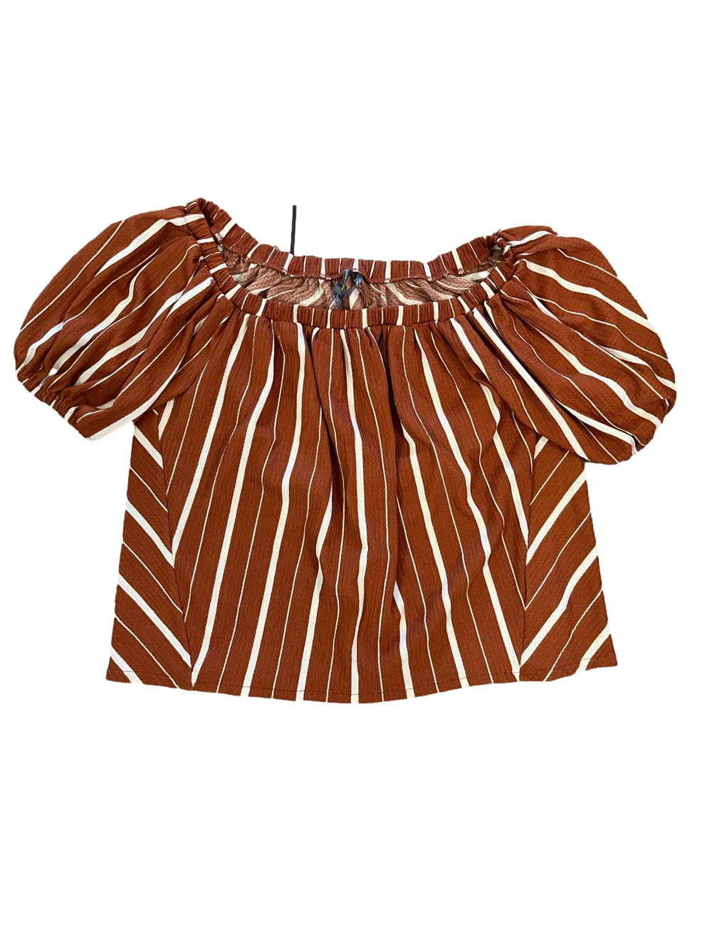 Anthropologie Elodie Off-The-Shoulder Striped Puff Sleeve Blouse Rust Size M